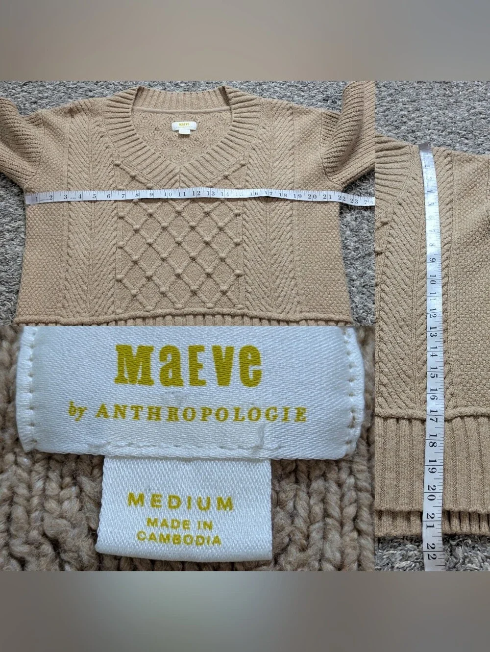 Anthro Maeve Tan Popcorn Knit Long Sleeve V Neck Cotton Blend Sweater M